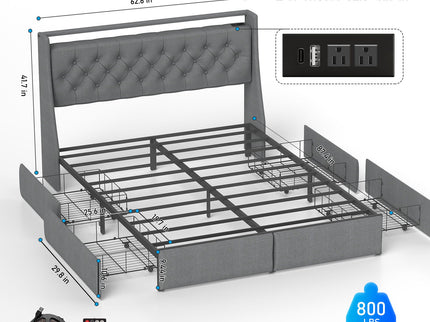 Platform Bed Frame With RGB LED Lights, Charging Station, Storage Headboard & 4 Underbed Drawers