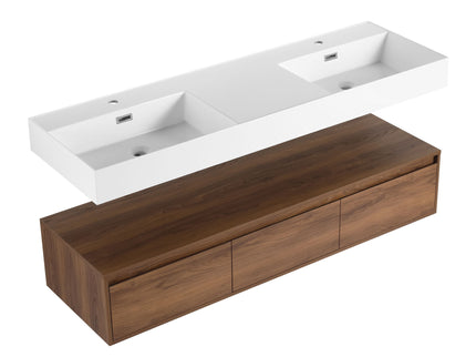 Contemporary Wall Mounted Bathroom Vanity With Dual Resin Sink And Soft Close Drawer