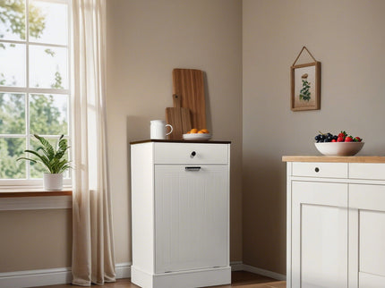 Tilt Out Trash Cabinet With Drawer, 10 Gallon Hamper - White