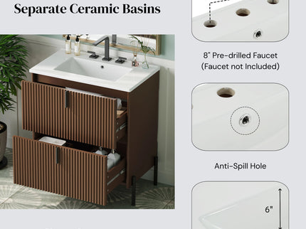 Fluted Bathroom Vanity With Ceramic Sink, Freestanding Design