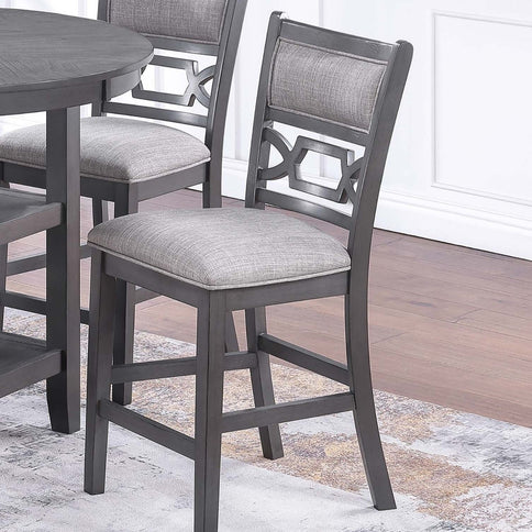 5 Piece Counter Height Dining Set With Storage Shelves Round Table And Upholstered High Chairs - Gray