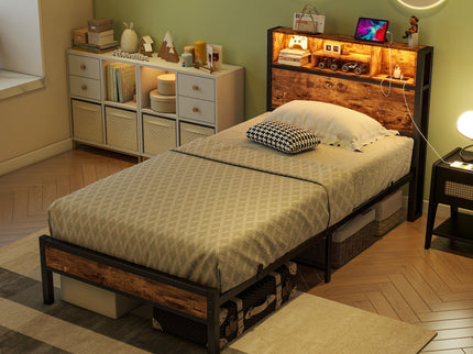 Modern Twin Size Metal Platform Bed Frame With Storage Headboard And Charging Station - Brown