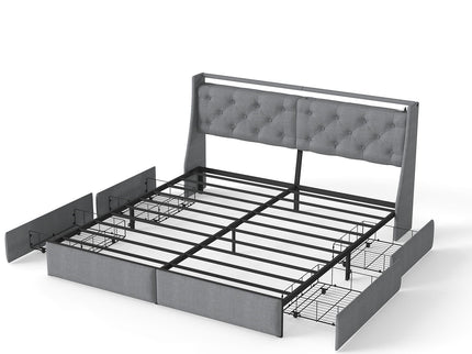 Platform Bed Frame With RGB LED Lights, Charging Station, Storage Headboard & 4 Underbed Drawers