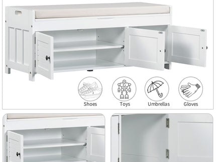 Storage Bench With 3 Shutter-Shaped Doors, Shoe Bench With Removable Cushion And Hidden Storage Space