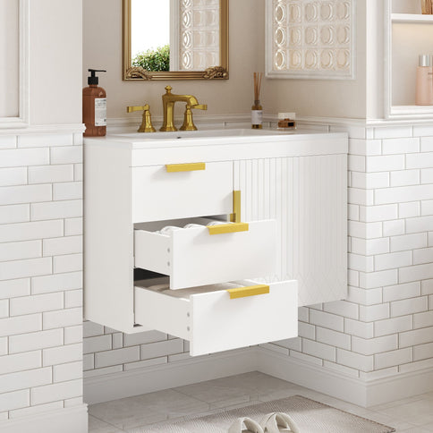 Modern Wall Mounted Bathroom Cabinet With Ceramic Sink, Soft-Closing Drawer And Door