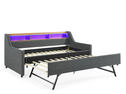 Upholstered Sofa Bed With LED Lights, Storage Headboard, Foldable Trundle & Wireless Charging