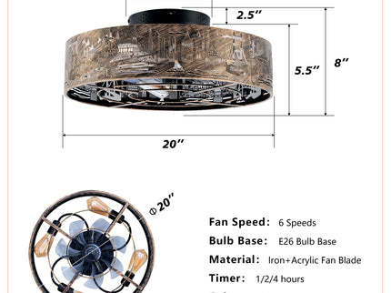 20" Iron Art Ceiling Fans With Remote, Flush Mount Ceiling Fan With 6 Speeds Reversible Motor, Not Included Bulbs - Blush / Gold / Bronze