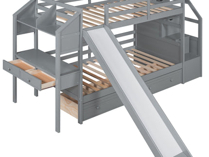 Bunk Bed With Storage Staircase, Slide, Desk, Drawers, And Shelves
