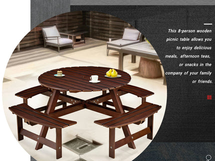 8 Person Round Picnic Table With 4 Built In Benches, Umbrella Hole For Garden - Brown
