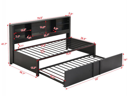 Industrial Metal Daybed With Trundle, Storage Shelves, USB Ports