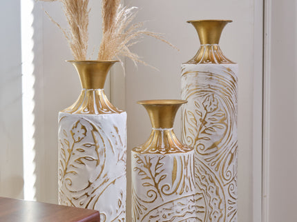 Floor Metal Vases Decorated Metal Vases (Set of 3) Gorgeous Home Decoration Large Glazed Metal Vases - White / Gold