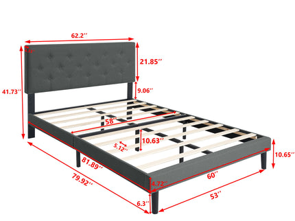 Modern Upholstered Platform Bed Frame With Button Tufted Fabric Headboard