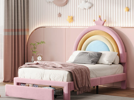 Upholstered Rainbow Design Bed, Princess Platform Bed With Storage Drawer