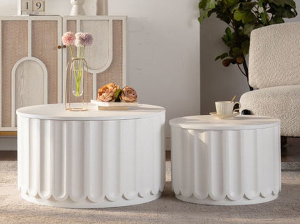 Round Storage Table Set With Lift Off Lid, Nesting Design, Elegant Curved Edge Shape For Living Room - Cream White