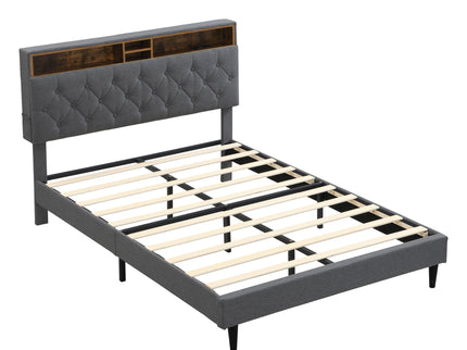 Modern Upholstered Platform Bed Frame With Button Tufted Headboard And USB Ports