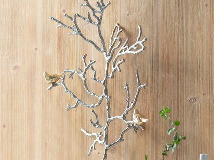 Metal Branch Wall Sculptures With Bird Accents (Set of 2) - Silver Multi