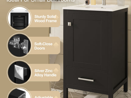 Bathroom Vanity With Ceramic Sink, Soft Close Drawers, Door Organizer, Divider Drawer, Adjustable Foot Pads