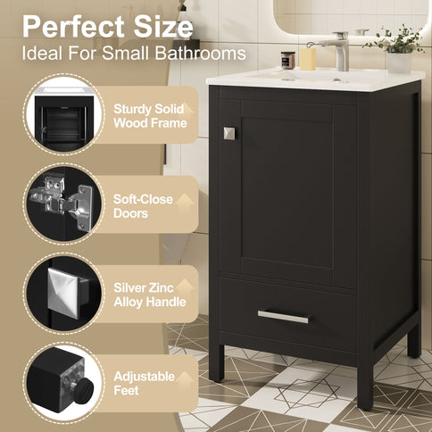 Bathroom Vanity With Ceramic Sink, Soft Close Drawers, Door Organizer, Divider Drawer, Adjustable Foot Pads