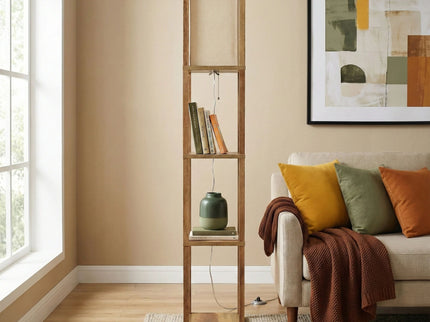 Pinnacle - Shelf Floor Lamp For Bedroom / Living Room, Long Shade - Natural Wood / White