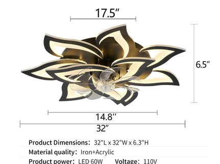 32" Flower Ceiling Fan With LED Dimmable Light, Low Profile Flush Mount Fan With Remote Control, 6 Speeds