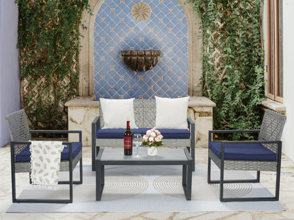 4 Piece Patio Furniture Set With Acacia Wood Table Top And Cushions