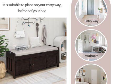 Storage Bench With 3 Shutter-Shaped Doors, Shoe Bench With Removable Cushion And Hidden Storage Space
