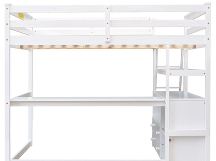 Modern Loft Bed With Built In Desk, Shelves, And 2 Drawers