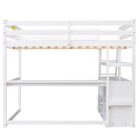 Modern Loft Bed With Built In Desk, Shelves, And 2 Drawers
