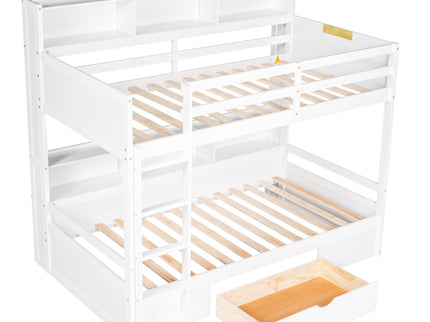Twin Size Bunk Bed With Built-In Shelves Beside Both Upper And Down Bed And Storage Drawer