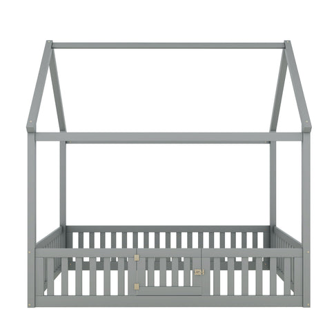 Wood House Bed With Fence And Door