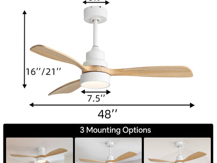 48" Ceiling Fan With Light, Dual Mount (Flush / Downrod), Dimmable LED, Quiet DC Motor, 3 Blades