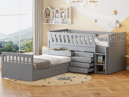 Loft Platform Bed With 7 Drawers And Full Guardrails, Modern L Shaped Space Savin