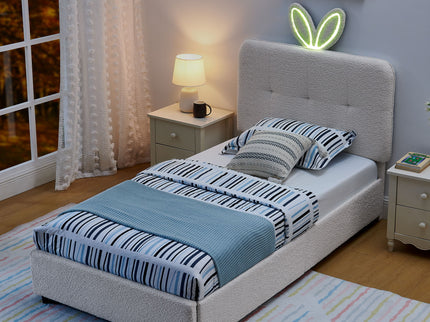 Upholstered Bed With Oversized Rabbit Ear Headboard, LED Lights & 4 Storage Drawers