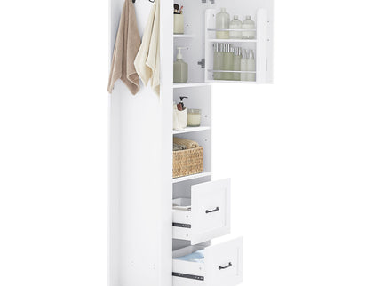 Freestanding Bathroom Storage Cabinet With Adjustable Shelves And Side Hooks Board, Rectangle Design