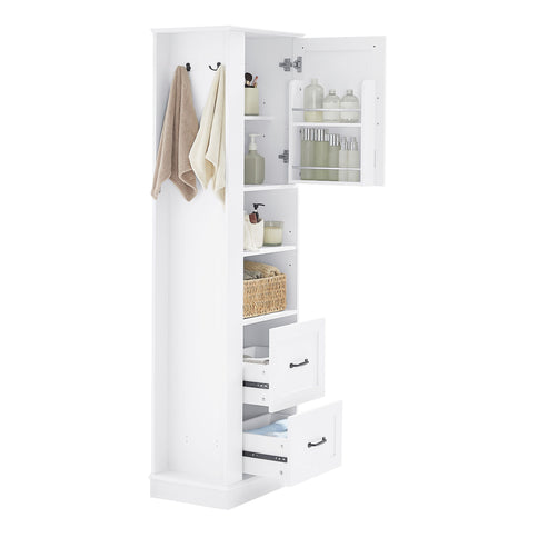 Freestanding Bathroom Storage Cabinet With Adjustable Shelves And Side Hooks Board, Rectangle Design