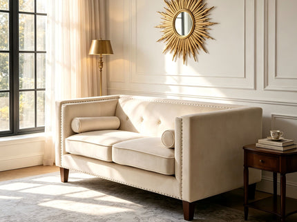 Button Tufted Square Arm Loveseat Sofa With Nailhead Trim, Upholstered 2 Seater Couch - Ivory