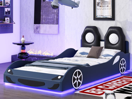 Race Car Shaped Platform Bed With LED And Upholstered Backrest In