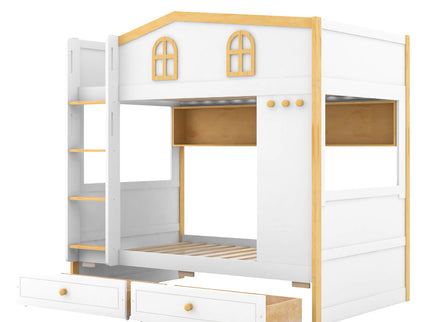 Twin Over Twin Bunk Bed With House Shaped Guardrails, Storage Shelves & Drawers - White / Natural