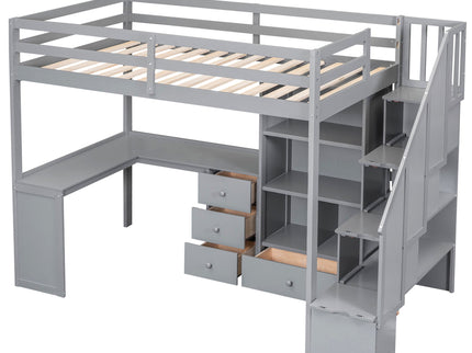 Loft Bed With L Shaped Desk, Drawers, Cabinet, And Storage Staircase