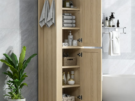 Tall Freestanding Bathroom Storage Cabinet With Adjustable Shelves And Side Hooks