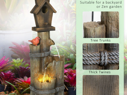 Outsunny - Outdoor Fountain With Birdhouse, Cascading Garden Waterfall Bird Bath With 3 Tier Rustic Tree Trunk / Log Design, LED Lights For Porch, Deck, Yard Decor - Brown