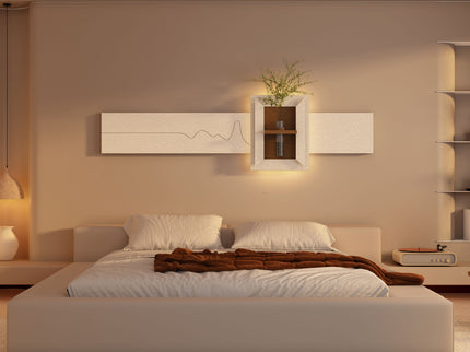 3D LED Sandstone Wall Decor With Simulated Plants, Glass Vase & Remote Control - Light Coffee