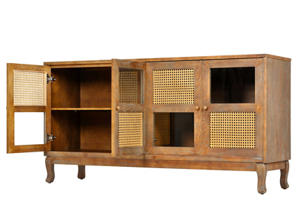 Retro Industrial 4 Door Sideboard With Large Storage, Rattan And Glass Doors