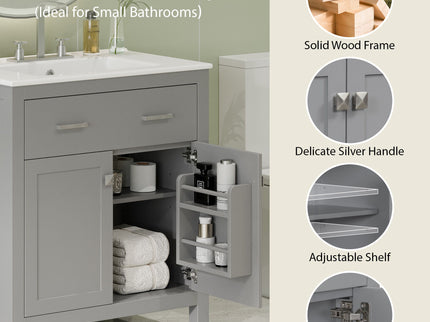 Bathroom Vanity With Ceramic Sink, Modern Single Bathroom Cabinet With 2 Doors And A Shelf, Soft Close Doors