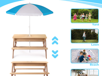 3-In-1 Kids Outdoor Wooden Picnic Table With Umbrella, Convertible Sand & Water, ASTM & CPSIA Certification