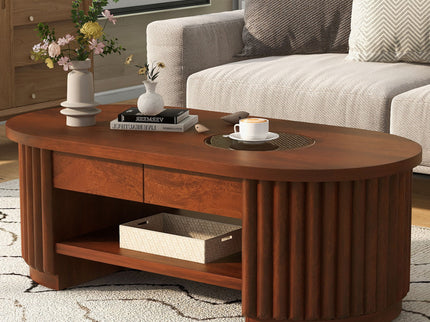 Fluted Oval Coffee Table With Drawers, 2 Tier Cocktail Table