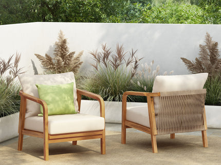 Outdoor Lounge Chair With Woven Backrest, Solid Wood Frame, Comfortable Cushions