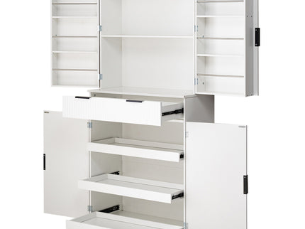Fluted Kitchen Pantry Cabinet With 3 Keyboard Drawers & 6 Adjustable Door Shelves