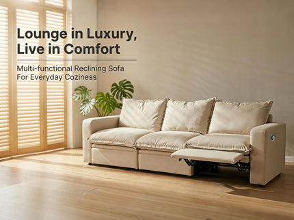 Plush Pillow Top Reclining Sofa, 3 Seat - Cream Beige