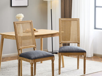French Country Dining Chair With Rectangular Cane Backrest And Smooth Upholstered Seating